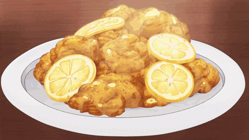 a plate of food with lemon slices on top of it