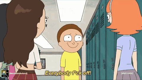 a cartoon character says " everybody f * ck off " in front of a row of lockers