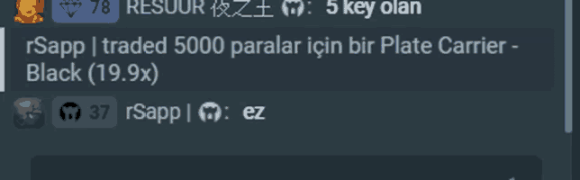 a screenshot of a message that says rsapp traded 5000 paralar icin bir plate carrier