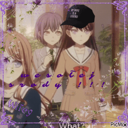a girl with a hat that says " my wife is a legend "