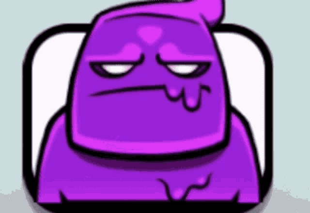 a purple cartoon character with a sad face is sitting in a box .