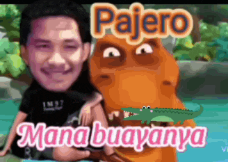 a man is sitting next to a cartoon crocodile with the words pajero mana buayanya written on it
