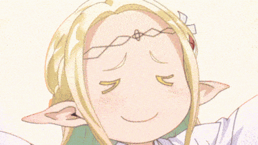 a girl with blonde hair and ears is smiling with her eyes closed