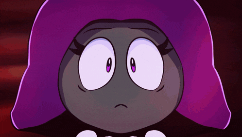 a close up of a cartoon character with purple eyes and a purple hat