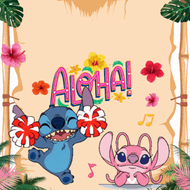 stitch and angel are cheering in front of a sign that says aloha on it