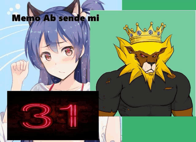 a picture of a girl with cat ears and a picture of a lion with a crown and the number 31