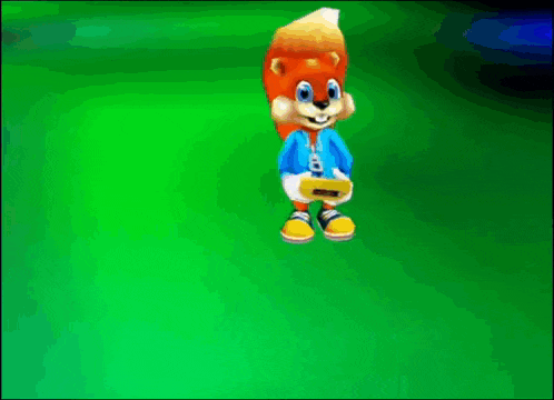 a cartoon squirrel is holding a remote control on a green screen .
