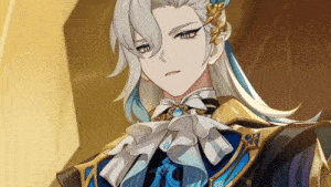 a man with long white hair and blue eyes is wearing a blue and gold outfit