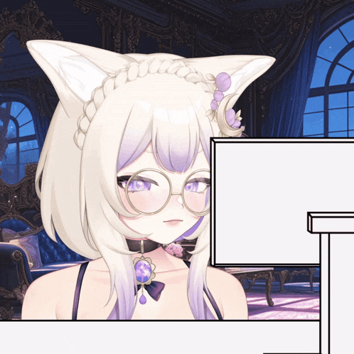 a girl with white hair and purple eyes is wearing glasses and a necklace