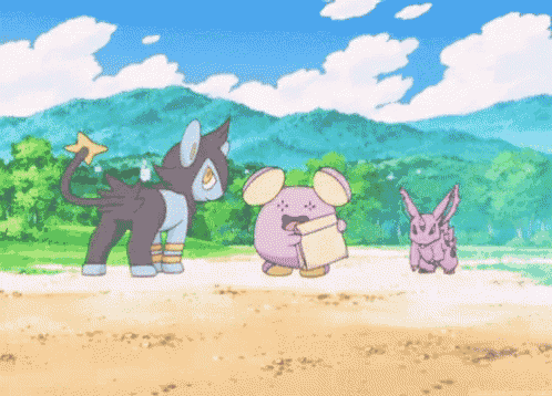 three cartoon characters are standing on a beach with mountains in the background ..