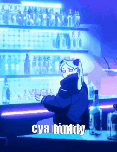 a cartoon of a girl standing in front of a bar with the words cya buddy written on the bottom