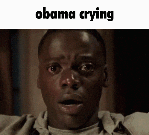 a man with a surprised look on his face and the words obama crying above him .