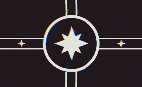 a black background with a white circle with a star in the center