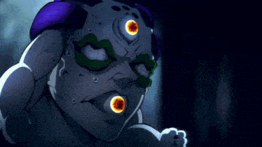 a cartoon drawing of a monster with a purple head and yellow eyes