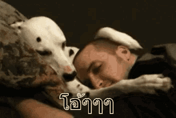a man is sleeping on a bed with a dog on his head .