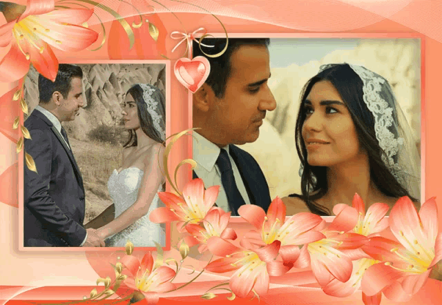 a picture of a bride and groom in a frame with flowers