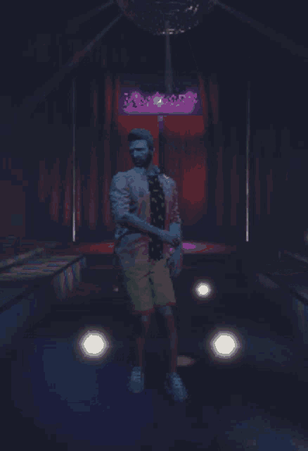 a man is dancing in front of a sign that says ' spongebob ' on it