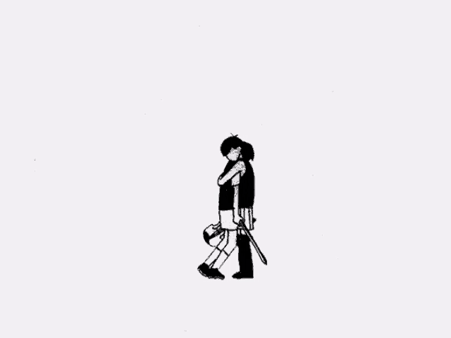a black and white drawing of a man and a woman hugging each other . the woman is holding a sword .