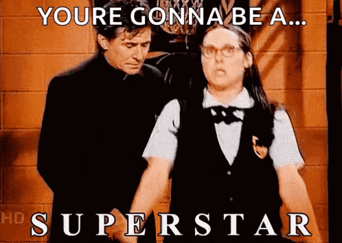 a man and a woman are standing next to each other with a caption that says you 're gonna be a ... superstar