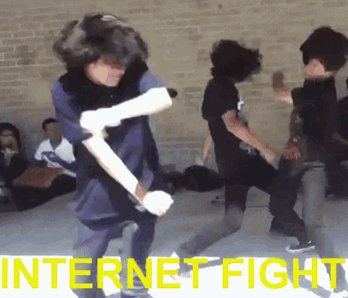a group of people are fighting with the words internet fight in yellow