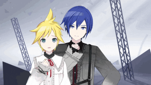 two anime characters are standing next to each other and one has a serious look on his face