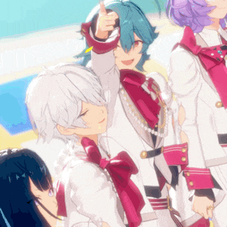 a group of anime characters are posing for a picture and one of them is pointing at something