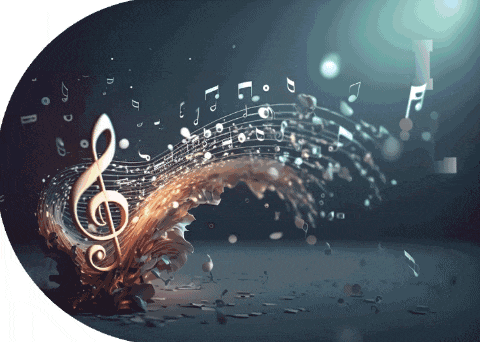 a treble clef is surrounded by music notes including a d