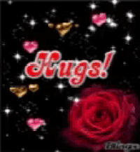a red rose is surrounded by hearts and the words `` hugs ''