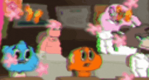 a group of gumball characters are standing next to each other in a room