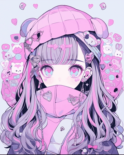 a drawing of a girl with a pink hat and a scarf