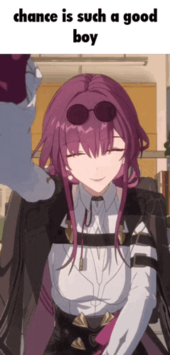 a picture of a girl with purple hair and sunglasses with the caption chance is such a good boy
