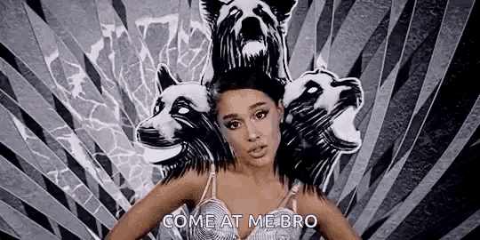 ariana grande is wearing a bra and standing in front of a painting of wolves on her head .