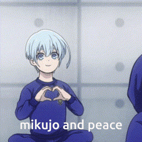 a cartoon character is making a heart shape with his hands and the words mikujo and peace are below him .