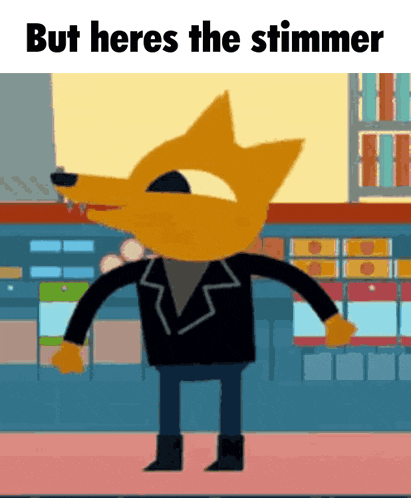 a cartoon of a wolf with the words but heres the stimmer below it