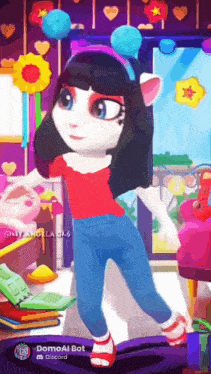 a cartoon character named angela is dancing in a room with hearts and flowers