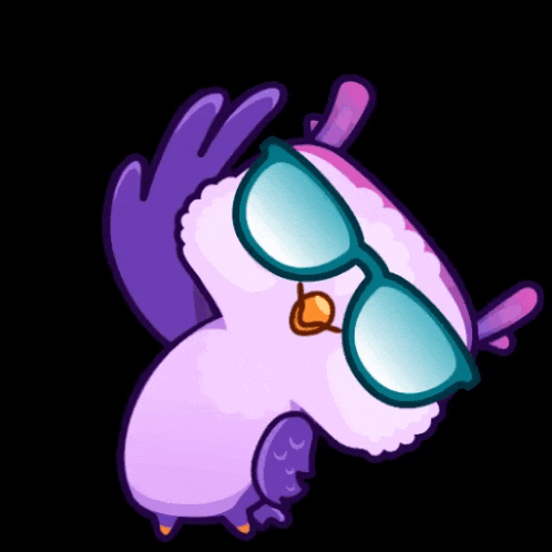 a cartoon bird wearing sunglasses with a purple beak