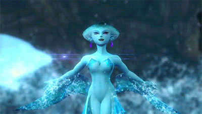 a blue fairy with purple earrings stands in front of a dark background