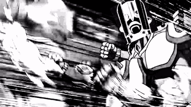 a black and white drawing of a cartoon character holding a sword .