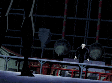 a cartoon character in a black suit is falling on the ground