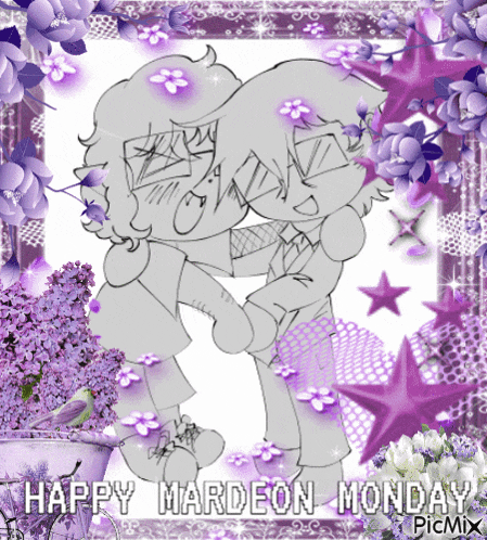 a happy mardeon monday greeting card with purple flowers and stars