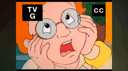 a cartoon character with glasses and a tv g and cc logo in the background