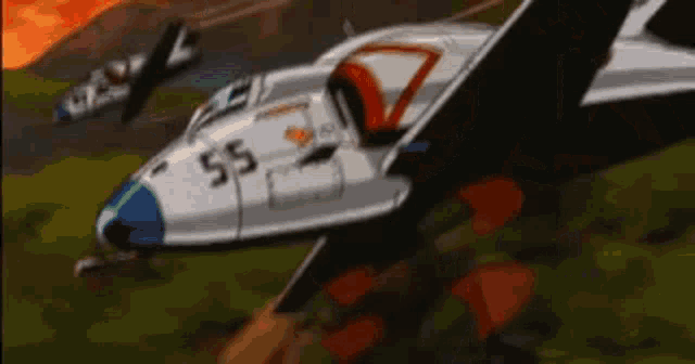 a cartoon of a plane with the number 55 on the side of it flying over a field .