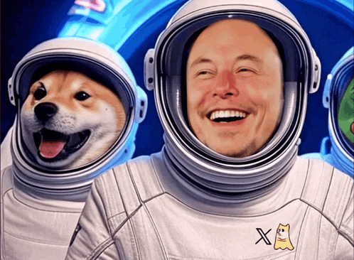 a man wearing a space suit with a doge patch on his chest