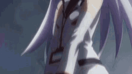 a girl with long white hair and red eyes is standing in the dark .