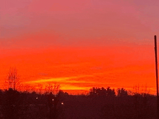 a sunset with a few trees in the foreground