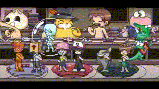 a group of cartoon characters are on a conveyor belt and one has the letter g on their hat