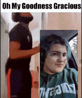 a man with a beard is next to a girl with blue hair wearing headphones