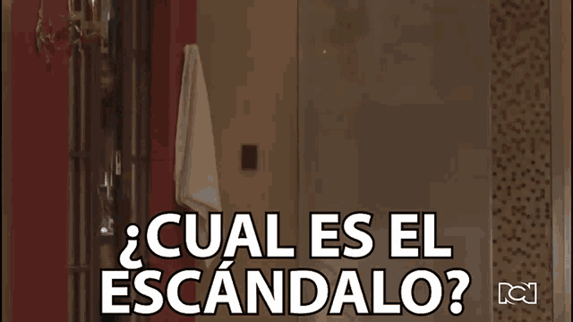 a woman in a black dress is standing in a bathroom with the words " cual es el escandalo " on the bottom