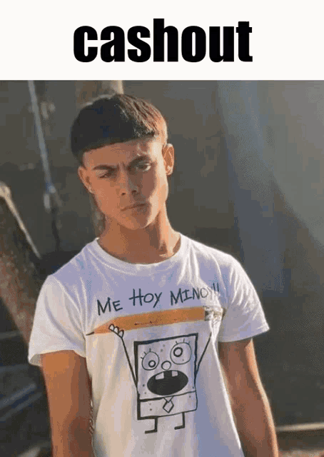 a young man wearing a t-shirt that says me hoy minon