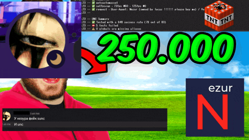 a man with a beard is next to a tnt block and the number 250,000